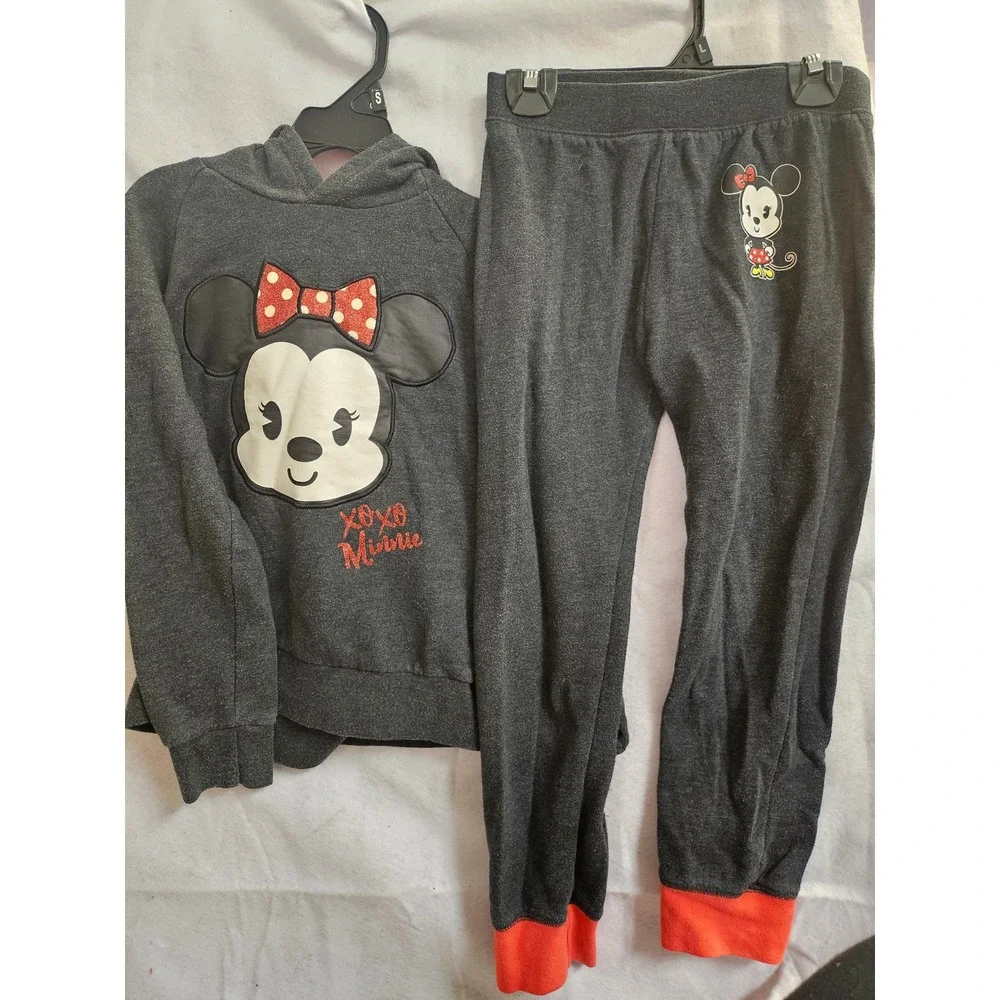Disney Store Minnie Mouse Hoodie and Joggers Set Gray Red Girls 7/8 1114